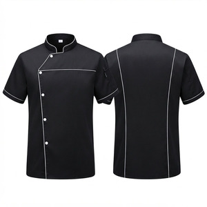 Men Chef <b>Jacket</b> Premium Poly Cotton 200 GSM Black <b>Short</b> <b>Sleeve</b> Mandarin Collar Piped Panel Custom Logo Workwear Kitchen Uniform - Product Image 1