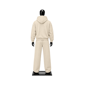Ensemble de survêtement beige pour homme avec sweat à capuche zippé et pantalon de jogging en molleton uni, style streetwear minimaliste, tenue décontractée deux pièces coupe décontractée - Product Image 2