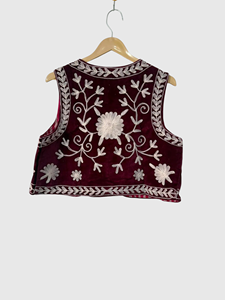 Chaleco de terciopelo naranja para mujer, bordado floral, estilo bohemio, sin mangas, hecho a mano, cuello en V, sin cuello - Product Image 2