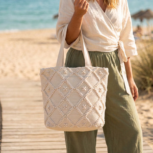 Bolsos de playa bohemios con diseño de diamantes, bolsos de viaje bohemios duraderos, bolso de compras blanco de diseñador, bolso de ropa para mujer con correas dobles, estilo bohemio - Product Image 1