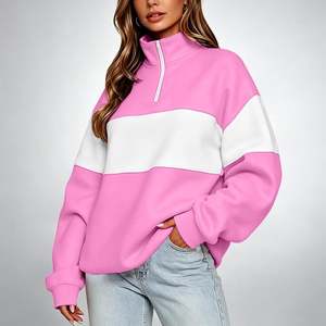 Sudadera OEM al por mayor para mujer, con bloques de color, media cremallera, manga larga, cuello alto, holgada, oversize, 280 GSM, 100% algodón - Product Image 3