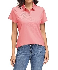 T-shirts polo pour femmes en coton biologique de qualité supérieure, couleur rose uni, coupe classique et ajustée, logo personnalisé OEM. - Product Image 2