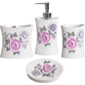 Set di Accessori da Bagno Michelle con Design Floreale, 4 Pezzi, Dispenser per Lozione, Portaspazzolino, Portasapone - Product Image 1