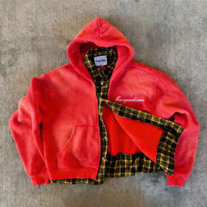 Chaqueta con capucha de franela para hombre, personalizada, vintage, de algodón grueso y felpa, con cremallera, bordada, de corte cropped y holgado, con lavado ácido y patchwork de doble capa - Product Image 1