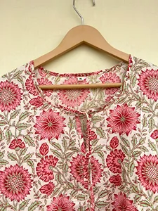 Boho Chic <b>White</b> Pink Hand Block Floral Print Loose Cotton Midi Dress With Tie-Neck Short Sleeve Boho Casual Dress For Women - Product Image 5