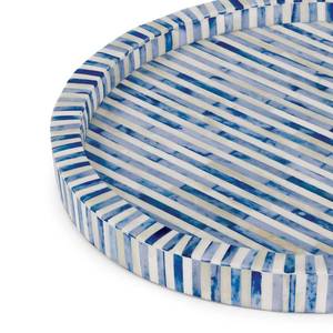 Plateau décoratif rond en bambou avec motif horizontal bleu et blanc, style côtier, artisanal, accessoire d'intérieur, organisateur - Product Image 5