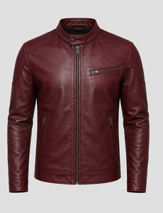 Chaqueta de Motociclista de Cuero para Hombre con Cuello Alto y Cierre de Cremallera - Product Image 1