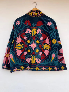 Velvet Suzani <b>Jacket</b> Hand Embroidered Boho Vintage Short Coat Free Size Ethnic Wear Multicolor Embroidery Artisan Wholesale - Product Image 3