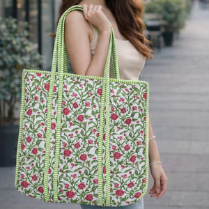 Handmade Vintage Large Tote Handbag Quilted <b>Patchwork</b> Indian Cotton Washable Grocery <b>Bag</b> Printed Design for Women's Daily Use - Product Image 1