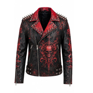Gothic PU <b>Leather</b> Motorcycle <b>Jacket</b> Pink Black Print Rivet Decor Turn-down Collar Zipper Closure Unisex Autumn Wear - Product Image 5