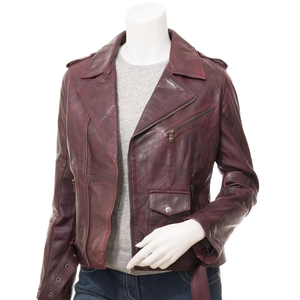 Chaqueta de Motociclista de Cuero Genuino para Mujer, Color Sólido, Cuello Camisero, Manga Larga, Cierre con Cinturón, Estilo Otoñal, Nuevo Color Personalizado - Product Image 3