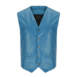 Chaleco de cuero transpirable de alta calidad para hombre, cierre de estilo a presión, cuello en V, servicio OEM para pedidos a granel, Color azul claro - Product Image 1