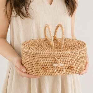 Handwoven Rattan <b>Storage</b> <b>Basket</b> With Handles Natural Wicker Picnic <b>Basket</b> with Lid Food Container for Living Room Organization - Product Image 2