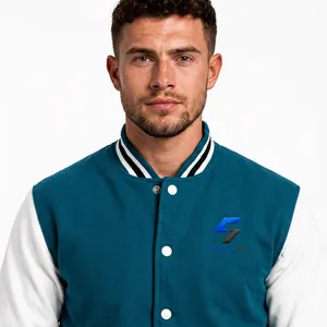 Chaqueta Varsity Unisex Personalizada en Verde Azulado y Blanco, Estilo Preppy, Logotipo Bordado, Corte Regular, Cuello Alto, Ropa de Invierno, Lana y Cuero - Product Image 3
