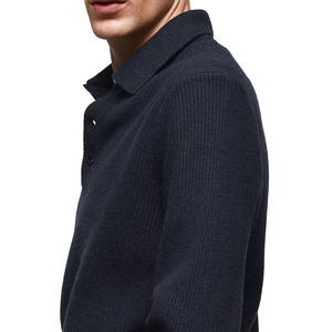 Polo en tricot à manches longues bleu marine pour homme, couleur unie, vêtement décontracté, 100% coton, anti-boulochage, coupe classique - Product Image 3