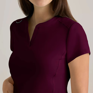 Women V Neck Scrub <b>Top</b> <b>Maroon</b> Polyester Knitted Hospital Uniform Blouse With Pockets For Medical Staff - Product Image 1