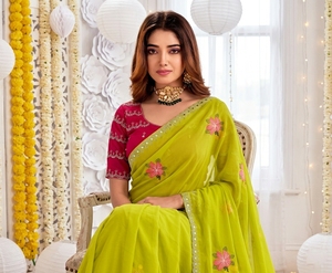 AARA Fashion Green Embroidered Silk Saree <b>Red</b> <b>Blouse</b> Women Traditional Wedding Wear India Pakistan Style Floor Length Regular - Product Image 5