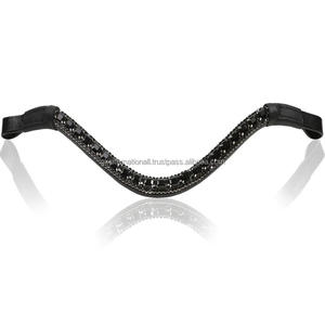 Chaîne personnalisée à trois rangées de cristaux noirs diamante bling bande décorative de front de cheval en cuir de forme incurvée profonde en plein épi - Product Image 2