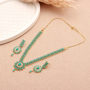 Turquoise <b>Necklace</b> Earrings Set 22K Gold Plated Brass Everyday Elegant Jewelry For Women for Wedding Party Wear - Product Image 2
