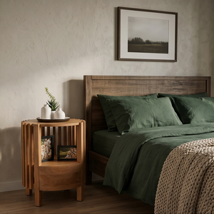 Solid Teak Wood Round Side <b>Table</b> With <b>Drawer</b> Slatted Cylinder Nightstand Minimalist Bedroom Furniture For Hotel - Product Image 6