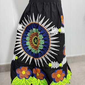 Jupe noire brodée florale traditionnelle en gros pour femme, taille élastique, style bohème, robe midi d'été, motif ethnique feuille, jupes décontractées - Product Image 5