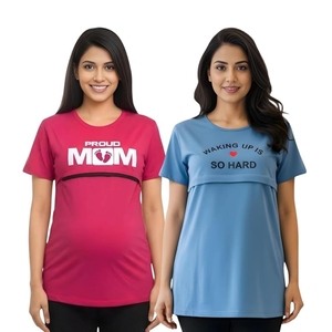 Camiseta de Maternidad Proud Mom para Mujer, Cuello Redondo, Manga Corta, Informal, Estampada, Azul y Rosa, Transpirable, Ajuste Cómodo - Product Image 1