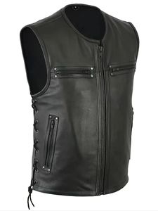 Chaleco sin mangas de cuero negro para hombre con bolsillos con cremallera, cordones laterales, estilo motociclista, patchwork, para todas las estaciones, marca Guruna - Product Image 4