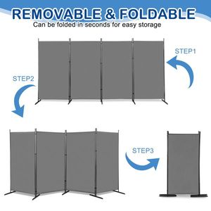 6FT 4-Fold 160g Polyester Cloth and <b>Plastic</b> <b>Screen</b> with Carbon Steel Frame Gray Foldable Room Divider - Product Image 4