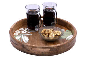 Plateau rond en bois avec motif imprimé de fleurs Plateau de service en bois fait main avec poignée Plateau de cuisine décoratif en bois massif - Product Image 3