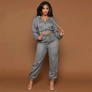 ชุดเซ็ตฮู้ดดี้ซิปสองชิ้นปักโลโก้ด้วยคริสตัลแบบกำหนดเอง และกางเกงขายาวทรงตรงสำหรับผู้หญิง คุณภาพสูง เหมาะสำหรับสาวรูปร่างสูง ชุดวอร์มกำมะหยี่ - Product Image 6