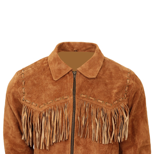 Brown <b>Suede</b> Fringed <b>Jacket</b> With Zipper Closure Turn-Down Collar Full Sleeve Autumn Women's Fashion Coat Material Satin - Product Image 3