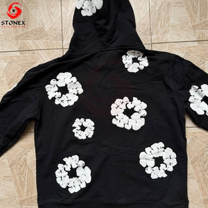 Sudadera con Capucha Negra Personalizada de Alta Calidad para Hombre con Estampado Floral Blanco, Sudadera con Capucha de Algodón y Felpa, Venta al Por Mayor OEM - Product Image 2