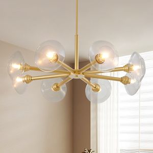Lustre Sputnik moderne à 8 lumières en or, 36 pouces, style mi-siècle, suspension avec abat-jour en verre transparent pour salle à manger et salon - Product Image 3