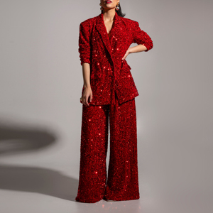 Durable Material Sequin Embroidered Women's Wear <b>Blazer</b> <b>Set</b> Reliable Product Long Sleeve Button Down Closure 2 Piece Formal Suit - Product Image 1