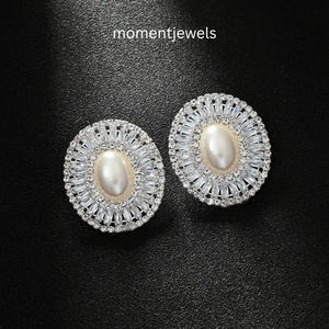 Boucles d'oreilles ovales à clip en perles, zircon et diamants, couleur or rose, bijoux rétro en laiton plaqué argent pour mariage et fête - Product Image 1