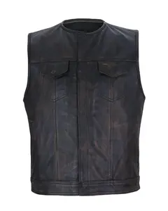 Mens Distressed Brown Club Leather Vest Black Liner Zipper & Snaps Leather Custom Waistcoat Waxed Motorbike Vest