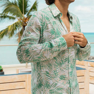 Camisa informal de manga larga con estampado de palmeras tropicales para hombre, cuello vuelto, camisa de popelina tejida con botones para verano - Product Image 2