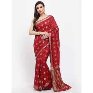 Sari de Seda Bandhani Hecho a Mano de Primera Calidad con Rico Trabajo Zari, Diseño Floral, Tradicional Rajasthani Bandhej, para Bodas y Fiestas Étnicas - Product Image 1