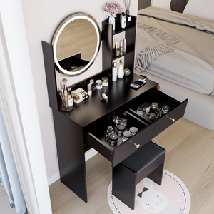 Tavolo da Trucco con Specchio LED da 17 Pollici, Sgabello Imbottito, 2 Prese AC+2 USB, Grande Specchio con Interruttore Touch, 3 Colori, Vanity per il Trucco - Product Image 6