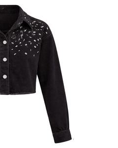 Veste en jean courte noire personnalisée pour femme avec col à strass et boutons, manches longues, style urbain, haut tendance - Product Image 4