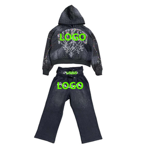Conjunto de Sudadera con Capucha Personalizada 100% Algodón, Lavado Ácido, Estilo Vintage, con Bordado 3D y Decoración de Pedrería para Invierno - Product Image 6