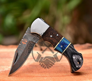 Cuchillo de bolsillo plegable de acero de Damasco y cobre hecho a mano, mango de madera Pakka, refuerzo de acero, HRC 58-60, personalizable, OBM, ¡Gran Venta! - Product Image 3