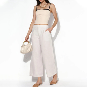 Pantalon en lin plissé pour femme, style estival minimaliste, taille haute, coupe large, longueur cheville, avec plis avant et fermeture boutonnée, coupe ample - Product Image 3