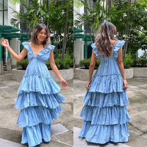 Dusty Blue Tiered Ruffle Maxi Dress Deep V Neck Tie Back <b>Boho</b> Gown Smocked Natural Waist Sleeveless Organic Cotton Eco-Friendly - Product Image 2