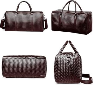 Men's Woven Leather Weekender Duffle Bag Diamond Pattern Large Capacity Zipper Closure Travel Bag <b>Soft</b> Handle - Product Image 4