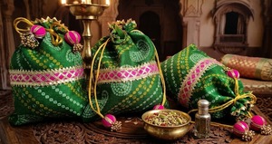 Sac Potli en coton vert fait main avec pompons roses et bordure dorée, cadeau de mariage indien - Product Image 3