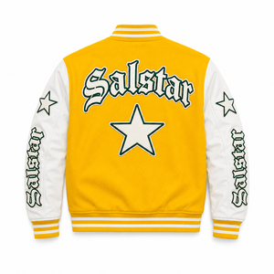 แจ็คเก็ตวาร์ซิตี้สีเหลืองขาวแบบกำหนดเองสำหรับผู้ชาย แจ็คเก็ตเบสบอลแบบ Letterman เสื้อแจ็คเก็ตบอมเบอร์สตรีทแวร์ ผู้ผลิตขายส่ง - Product Image 4