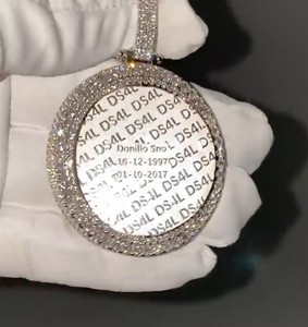 Pendentif photo personnalisé serti de diamants, collier avec médaillon rotatif, diamant moissanite, micro-pavé, cadre rond, argent 925 - Product Image 4