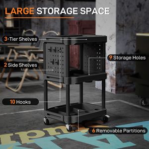 Chariot à outils roulant noir à 3 niveaux, capacité de 200 lb, chariot utilitaire en plastique avec étagères latérales pour le rangement dans le garage ou l'atelier - Product Image 4