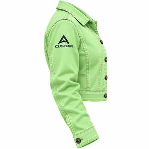 Women's Green Denim Trucker Jacket Turn-down Collar Horn <b>Button</b> Front Long Sleeve Regular <b>Coat</b> Heated Eco-Friendly Winter - Product Image 5